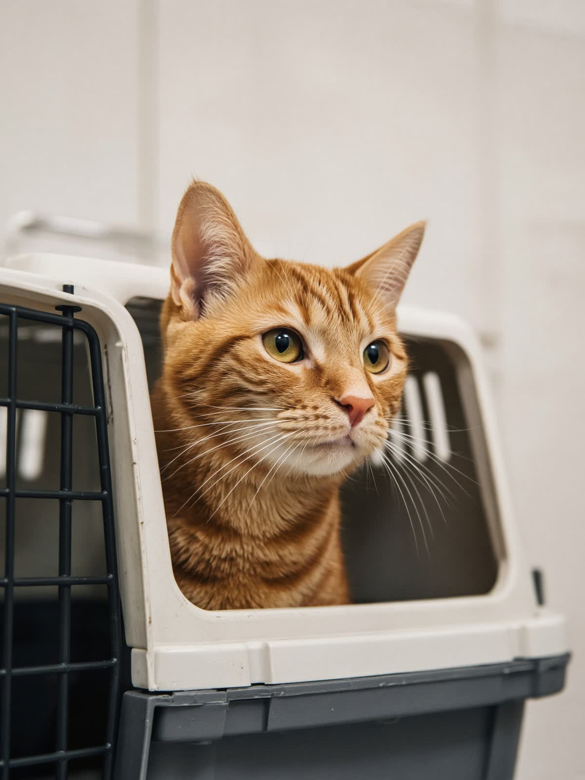 Gato ruivo na caixa de transporte